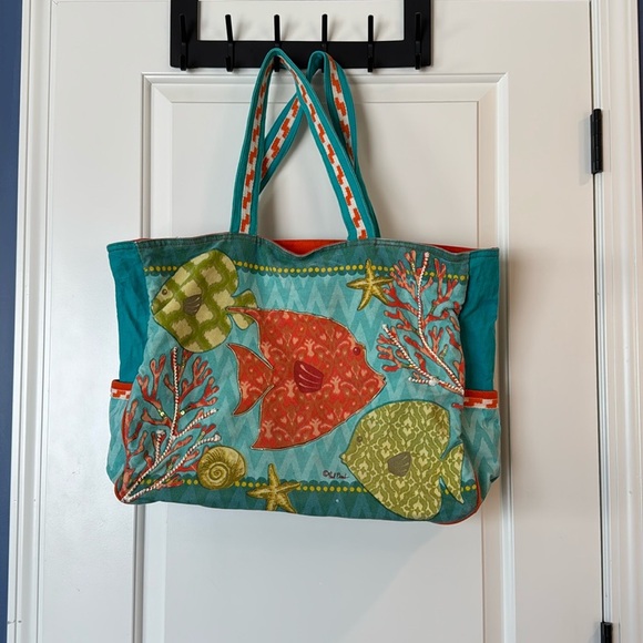 Paul Brant Handbags - Paul Brant Coral and fish Large Tote Bag orange and green blue beach bag